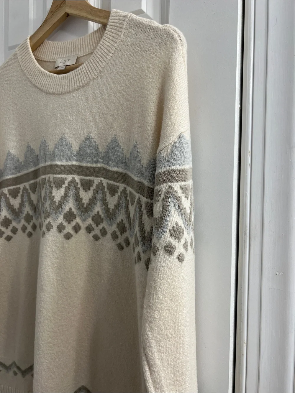 LOFT Cream Fair Isle Crewneck Sweater with Gray Pattern- Medium